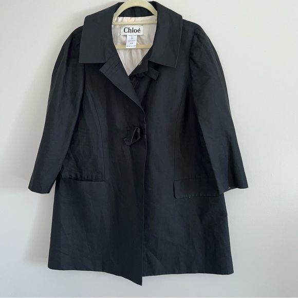 Chloe Black Single Breasted Trench Coat Jacket Size T 42 Silk Blend - Picture 2 of 11